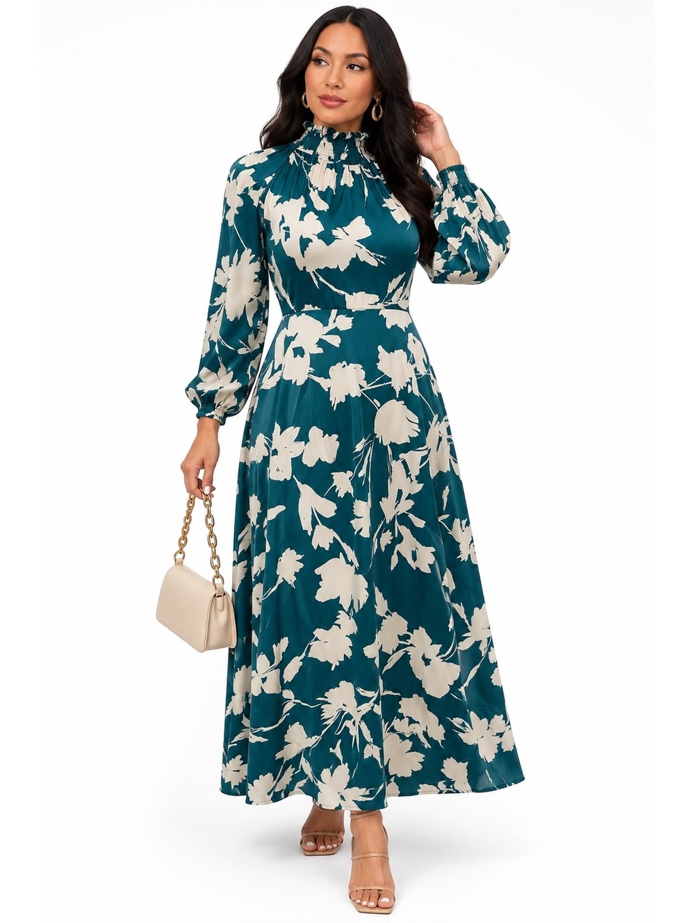 Nordstrom Maggy London Teal and White Floral High Neck Midi Dress-Size 2 NWT